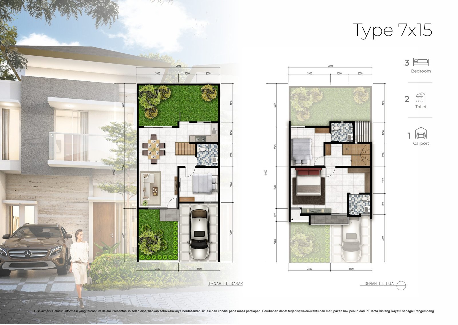 Denah rumah 2 lantai Type 7x15 – lantai dasar dan lantai dua