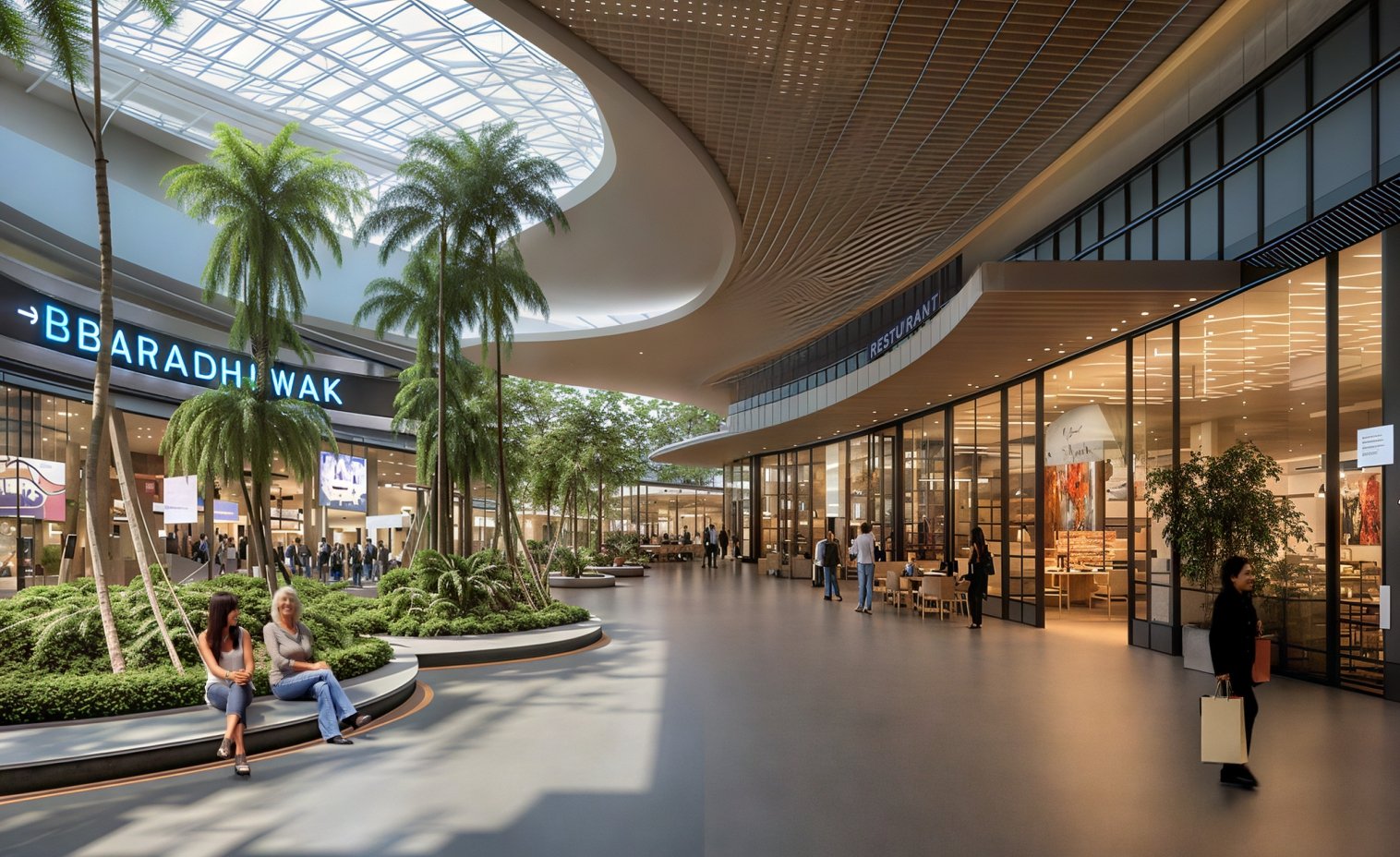 Indoor shopping walkway with tropical garden at Stellar Avenue