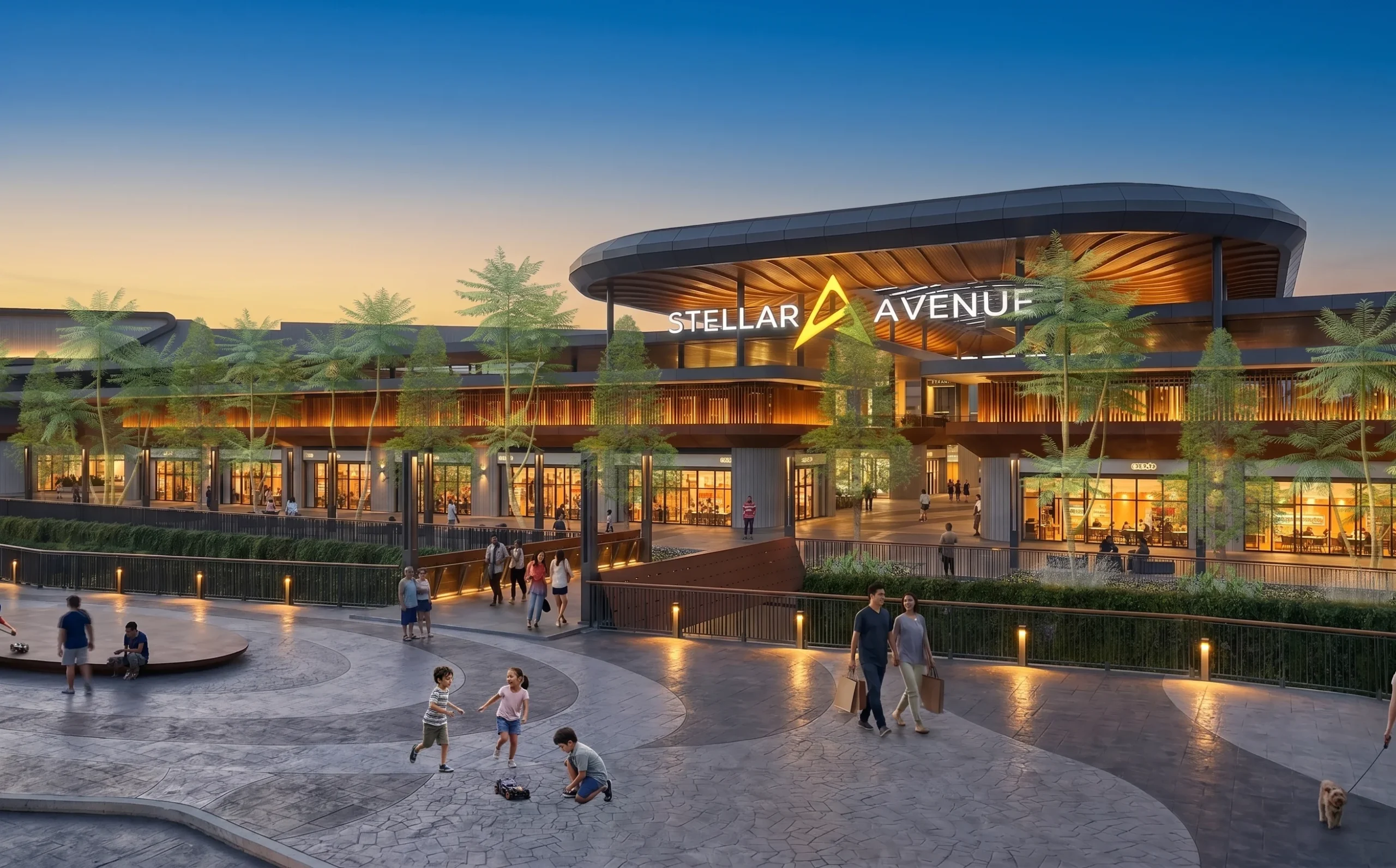 Stellar Avenue main entrance and plaza at dusk