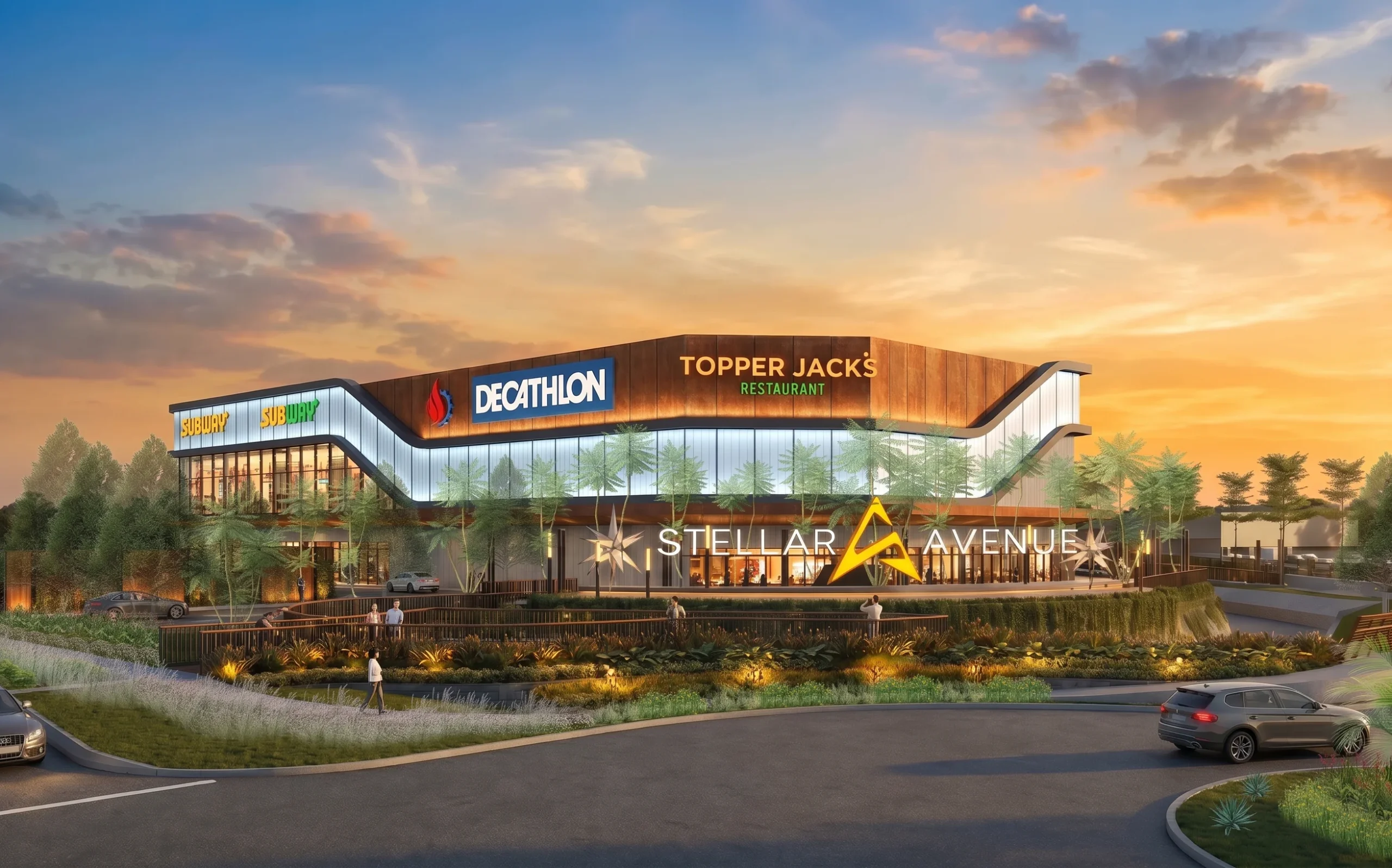Stellar Avenue building with Decathlon and Topper Jacks at sunset