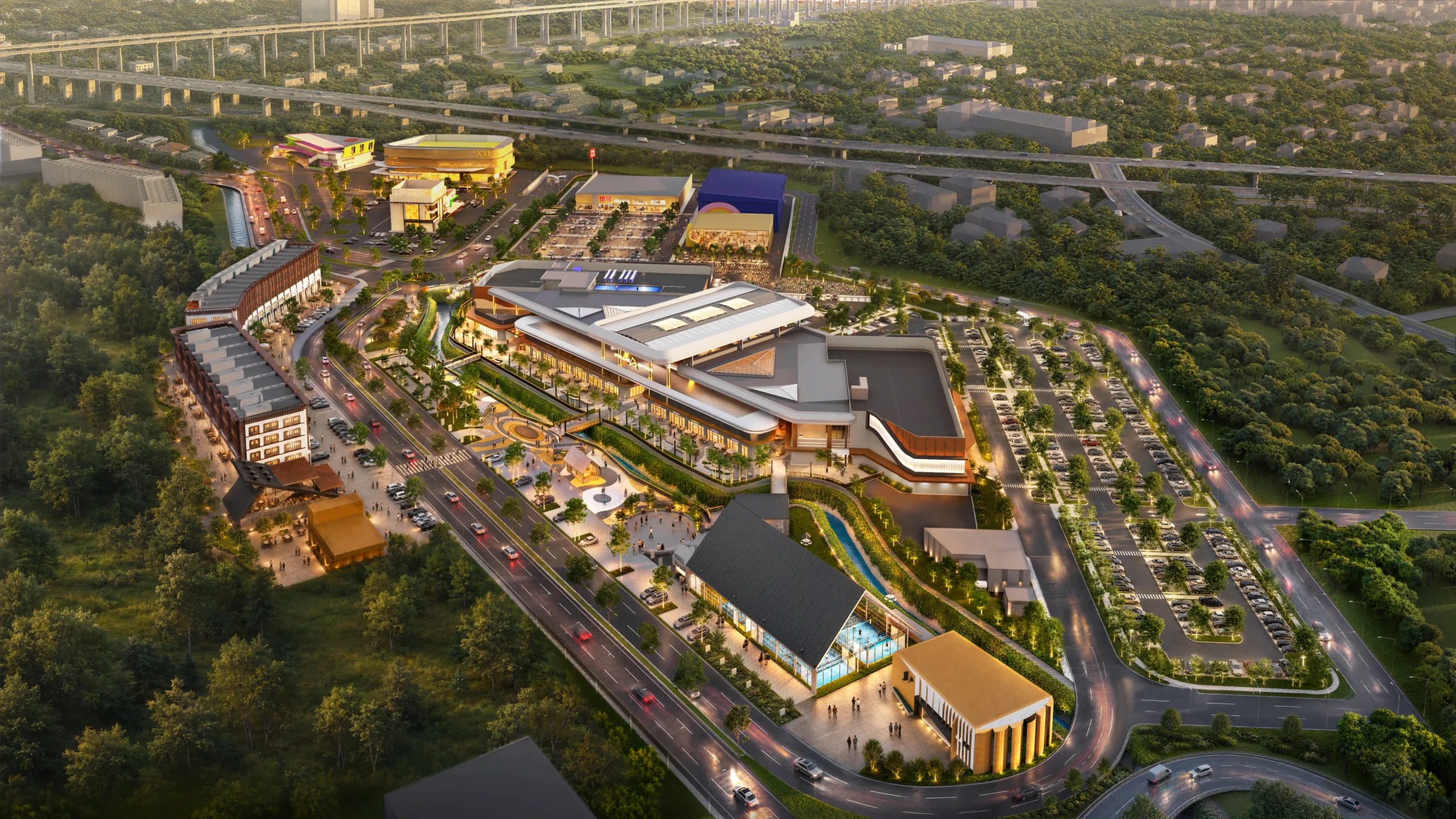 Bird's-eye view of the Stellar Avenue district and parking area